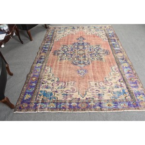 Tapis en laine bleu Beige classique 5.9x8.4 pieds Design Patchwork turc fait à la main pour salon chambre Rectangle couloir en peluche Latex - Product Image 1