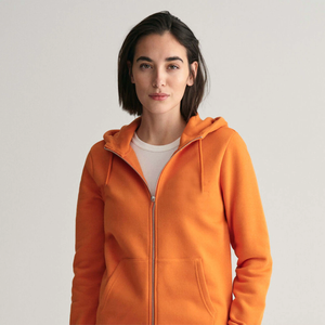 Sudadera con capucha naranja para mujer, con cremallera completa, chaqueta de forro polar, personalizable, informal, de marca privada, venta al por mayor de moda - Product Image 2