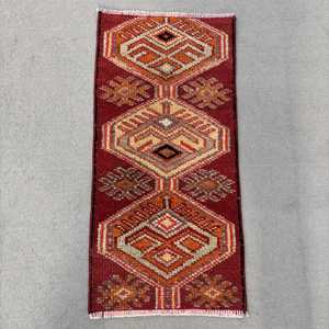 Vintage Turkish Rug 1.3x2.8 ft, <b>Red</b> Small Floral <b>Wool</b> Rug - Product Image 1
