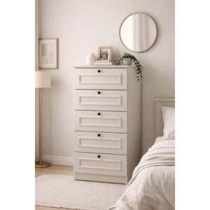 ตู้ลิ้นชักดีไซน์สแกนดิเนเวียน Mira 5 ลิ้นชัก สีขาว ตู้เก็บของในห้องนอน ดีไซน์หรูหรา เป็นมิตรกับสิ่งแวดล้อม ทนทาน ตั้งพื้นได้ - Product Image 1