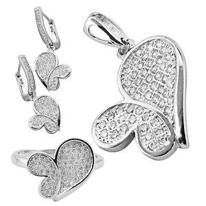 Parure de bijoux vintage plaqué rhodium en forme de papillon avec cristaux et strass pour femme, style romantique, collier, boucles d'oreilles, bague, mariage - Product Image 1