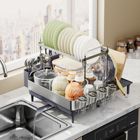 WIREKING Égouttoir à vaisselle en acier inoxydable 304 à 2 niveaux, anti-rouille, avec plateau anti-goutte et porte-couverts pour cuisine