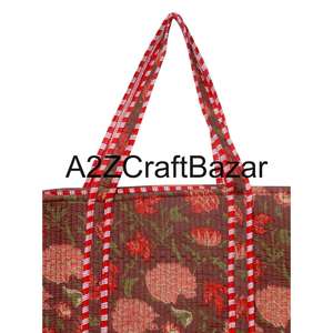 Sac fourre-tout en coton fait main indien pour femmes avec surpiqûres matelassées, tissu imprimé en blocs, grande capacité, sac à bandoulière - Product Image 3