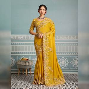 Sari/Sari/Shari indien traditionnel en georgette Foux, décontracté, séchage rapide, travail de sequins, pour femmes, toutes saisons, mariage - Product Image 1