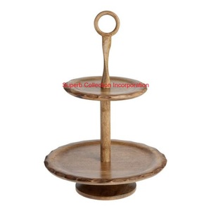 Wholesale 2 <b>Tier</b> Acacia Wood <b>Cake</b> <b>Stand</b> Wooden Cupcake Dessert Display <b>Stand</b> With Handle Natural Eco-Friendly Round Platter - Product Image 5
