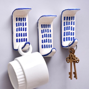 New Arrival Bulk Cream Adhesive Kitchen <b>Hooks</b> Ceramic Heavy Duty <b>Hooks</b> and Hanger Blue Check Ceramic <b>Sticky</b> Wall <b>Hooks</b> WHK-2092 - Product Image 3