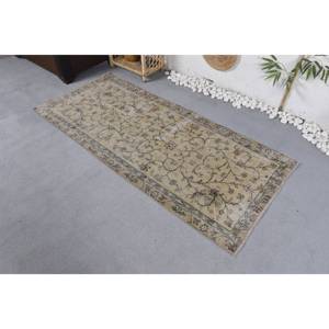 Tapis en laine floral beige vintage de grande surface (2,8x6,5 pieds) fait à la main nouveau design patchwork rectangle pour entrée pour couloir en latex - Product Image 2