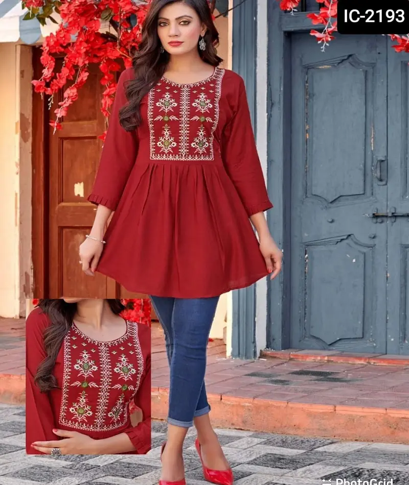 Indian Ethnic Wear Embroidery Work Short Top Style Kurtis with Heavy Rayon Slub Kurtis for Women Wear for Casual and Office Wear