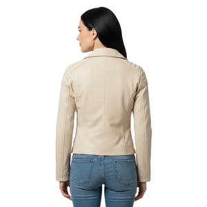 Chaqueta de Motociclista de Cuero Crema para Mujer, Personalizada, Venta al por Mayor de Fábrica, Suministro al por Mayor, Cuero Genuino, Estilo Motero, Ropa Exterior de Moda para Mujer - Product Image 1