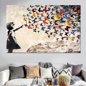 Toile imprimée Banksy Girl - Décoration moderne en verre avec motif papillon, toile enveloppée 1P - Product Image 1