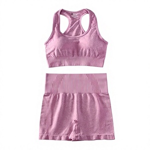 Workout Sets Women 2 Piece Solid Racerback Sports Bra & High Waist Shorts Set Breathable <b>Mesh</b> Ribbed Yoga Workout Seamless Pink - Product Image 1