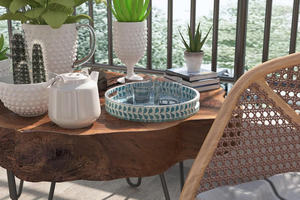 Plateau de service rond en nacre de 12,6 cm avec poignées, plateau décoratif en bois de nacre pour table basse, motif floral turquoise - Product Image 4