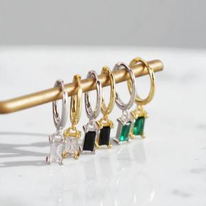 Pendientes colgantes de aro de piedras preciosas de cuarzo y cristal de Baguette pequeño de plata 925-aros de mujer de oro Vermeil - Product Image 2