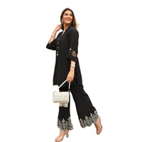 Setelan Salwar Kameez Katun Hitam Dengan Palazzo Bersulam Dan Kurta Lengan Tiga Perempat Untuk Wanita Pakaian Sehari-hari Gaya Sopan