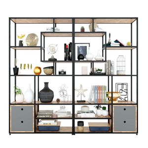 Système d'étagères de présentation industriel/contemporain avec armoire en bois de caoutchouc et structure en fer 200x30x180cm KTB68077 - Product Image 1