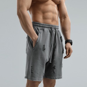 Custom <b>Vintage</b> Jogger <b>Shorts</b> for <b>Men</b> 100% Cotton Eco-Friendly Acid Wash Fleece Distress Cut Edge 3D Embroidery Solid OEM Service - Product Image 1