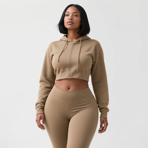 Impresión Logo manga larga Crop Hoodie Zipup cordón sudaderas mujeres Crop Top Hoodie - Product Image 1