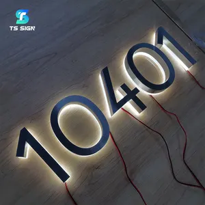 Sinal de aço inoxidável iluminado personalizado para decoração de quarto de hotel, número de casa com números de casa retroiluminados