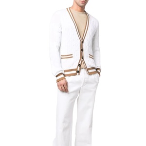 Custom V Neck Contrasted Striped <b>Cable</b> Knit Pattern Uniform Varsity Cardigan High School Sweater Wool Sweater - Product Image 3