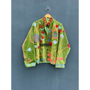 Unisex Green Velvet Suzani Fabric Jacket with Flowers Embroidery Cotton Winter <b>Coat</b> Lining Women's Party Wear - Product Image 5