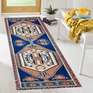 Tapis anatolien patchwork bleu marine, tapis ethnique turc, tapis en laine imprimé non tissé, tapis doux et écologique avec envers en latex - Product Image 4