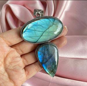 Pendentif en labradorite naturelle à feu bleu, deux pierres, collier en labradorite, argent massif 925, grand pendentif bohème en labradorite pour femmes - Product Image 3
