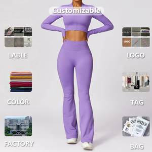 OEM personalizar logo fitness Yoga tops con cremallera pantalones acampanados gimnasio fitness conjuntos ropa deportiva Conjunto para las mujeres - Product Image 4