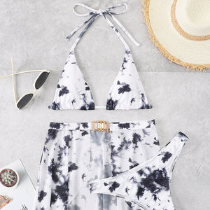 Bikini Tre Pezzi Tie-Dye da Donna con Gonna Taglia XL Stampa Digitale Decorazioni Floreali 3D con Diamanti Traspirante Arricciato - Product Image 5