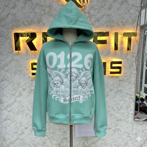 Sweat-shirt à capuche jaune zippé pour homme, style streetwear, imprimé motif ange 0126, logo Saint Front, coupe régulière, en molleton de coton, pour l'automne - Product Image 4