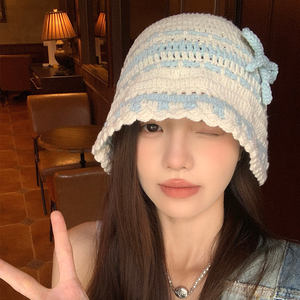 Crochet Fisherman Adult Seamless 56-58CM Women's Color-<b>Block</b> Knitted Summer Hand-Woven Hollow Bucket Casual Face-Slimming Hand - Product Image 4