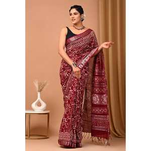 Saree 100% coton pour femmes avec chemisier flammé tissé à la main Style ethnique traditionnel Sari indien à bas prix pour adultes - Product Image 1
