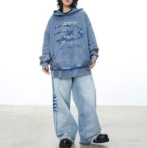 Sweat à capuche pour homme en molleton français, lavage à l'acide, effet délavé, broderie personnalisée en cuir, dernière tendance, vente chaude, bonne qualité - Product Image 2