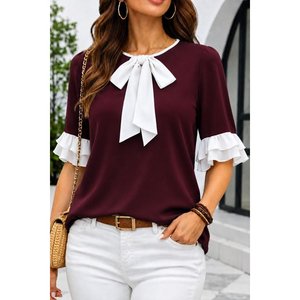 Blusa de Chifón Crepé con Mangas Cortas, Cuello Redondo, Detalle de Lazo y Volantes en las Mangas para Mujer, 34790 - Borgoña - Product Image 1
