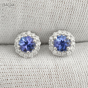 New Arrival 14k Solid White <b>Gold</b> Halo White Diamond Push <b>Back</b> Stud 4mm Round Brilliant Cut Natural Tanzanite Studs Bulk Supplier - Product Image 3