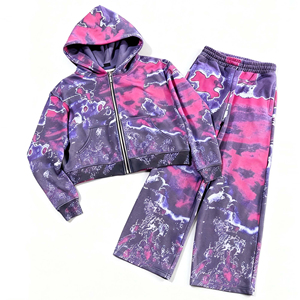 Conjunto Deportivo Personalizado Unisex con Sudadera con Capucha Estilo Vintage Lavada al Ácido y Pantalones Deportivos Acampanados con Estampado Gráfico, 100% Algodón, para Moda Urbana Informal - Product Image 1