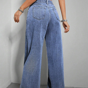 2025 venta al por mayor nuevos pantalones vaqueros negros de pierna ancha para mujer Pantalones vaqueros de cintura alta de pierna recta pantalones casuales de mezclilla holgados para mujer - Product Image 4