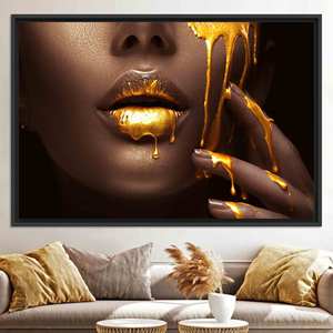 Elegant Personalized Gold Lips African Woman Printed Canvas Artwork,BLACK <b>FRAMED</b> CANVAS - Product Image 1