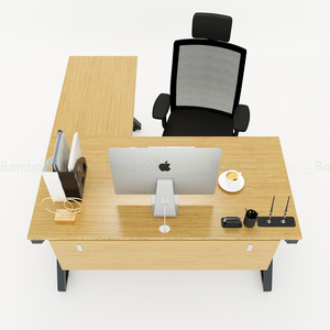 XBamboo BFXB009 L-Shaped PC <b>Desk</b> 140x150cm Iron Legs Assembled with Drawer Bookshelf and Shelf - Product Image 2