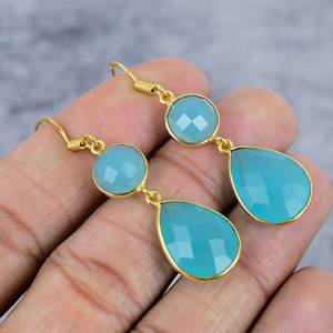 Aqua Chalcedony redondo y forma de pera piedra preciosa 925 plata esterlina chapada en oro pendientes colgantes pendientes de boda regalo para mujeres - Product Image 1