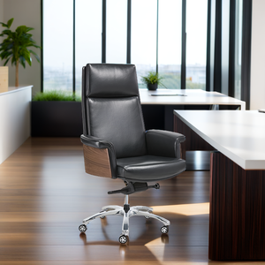 Chaise de bureau de direction à dossier haut en cuir de vachette véritable, design contemporain avec mécanisme de levage, ergonomique chromé pour ateliers, PU durable - Product Image 3