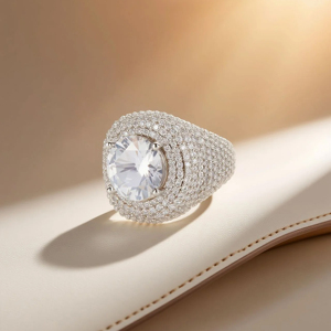 <b>Men</b>’s Round CZ Diamond Halo <b>Ring</b>, Sparkling Pavé Cluster Engagement Style <b>Ring</b>, <b>Silver</b> Tone Luxury Jewelry - Product Image 4