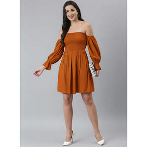 Deebaco Women's Off-The-Shoulder Balloon Sleeve Mini <b>Dress</b> A-Line Solid Smocking Chiffon <b>Loose</b> Fit Summer Cocktail <b>Dress</b> - Product Image 1