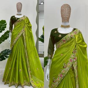 Sari de seda suave pura de diseñador indio con borde de secuencia de trabajo de hilo hermoso para ropa de boda o fiesta - Product Image 5