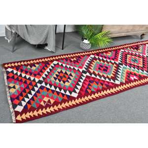 Vintage Turkish Kilim <b>Red</b> Rug 2.8x12ft Large Area Wool with <b>Latex</b> Backing Patchwork Pattern for Hallway or Teen Room - Product Image 1