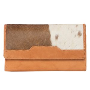 Distinct Tan and White Cowhide Trifold Wallet with Zipper Closure Cowhide Handbag - Product Image 1
