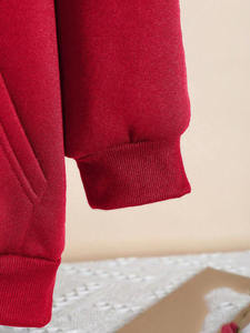 Mid-Thigh Zip Front Red Knitted Fleece <b>Hoodie</b> Drop Shoulder Drawcord Front Pouch 100% Cotton Breathable Bulk Production - Product Image 6