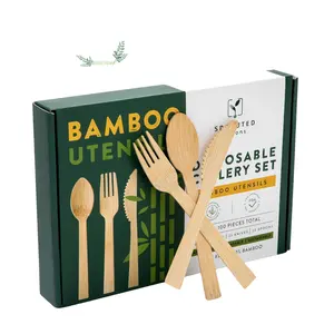 Tendance 2024 Couverts en bambou jetables, ensemble d'ustensiles de pique-nique durables-Vaisselle, fourchettes, cuillères et couteaux en bambou biodégradable