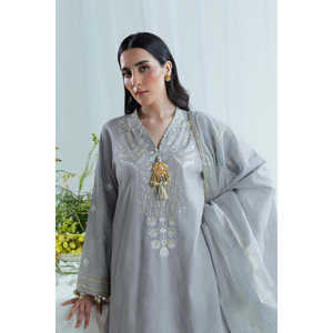 Traje FE-52045 de 3 piezas, bordado a mano, con jacquard y Chikan Kari, Salwar Kameez Anarkali de algodón, hecho con tela de lino. - Product Image 3