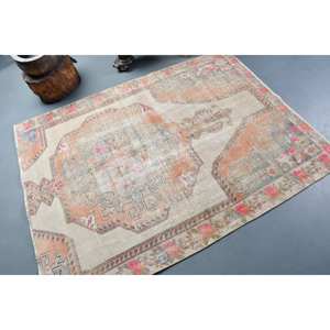 Tapis Turc Vintage Beige Orange 4.2 X 5.6ft Laine Grande Surface Motif Abstrait Rectangle Couloir Modèles Latex Support pour Chambres - Product Image 2