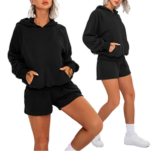 เทอร์รี่ชุดวอร์มผู้หญิงกางเกงขาสั้น2ชิ้นโอเวอร์ไซส์ลำลองมีกระเป๋าเสื้อกันหนาวมีฮู้ดและกางเกงขาสั้นเอวยางยืด - Product Image 3